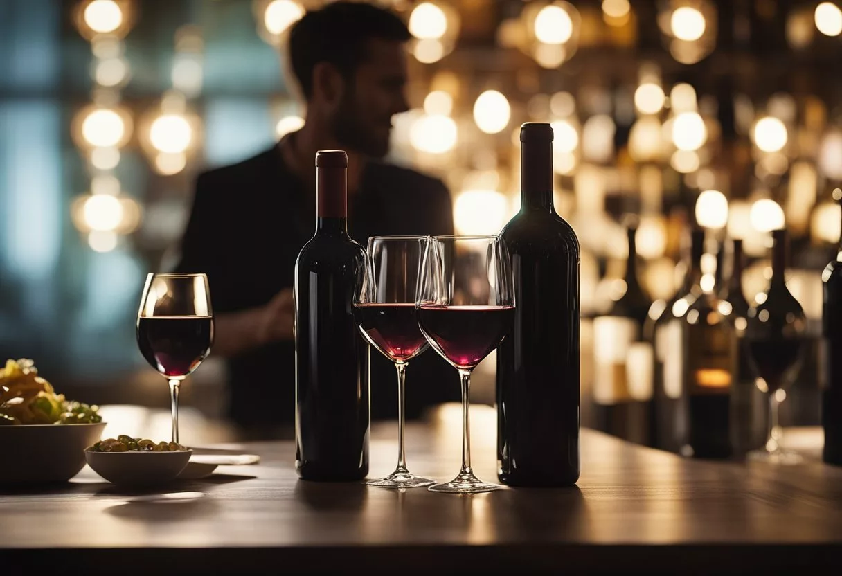 A table with various wine bottles, a glass of red wine, and a person's silhouette with a glowing aura around their body