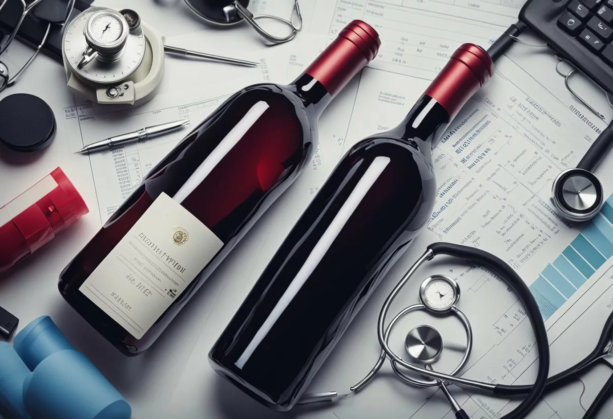 A bottle of red wine surrounded by various medical equipment and charts, representing the potential long-term health implications of daily consumption