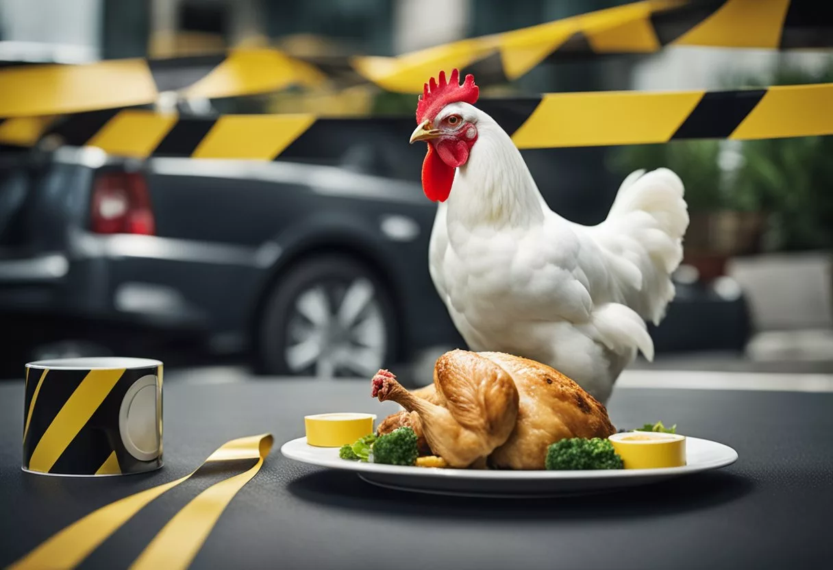 A chicken on a plate surrounded by warning signs and caution tape