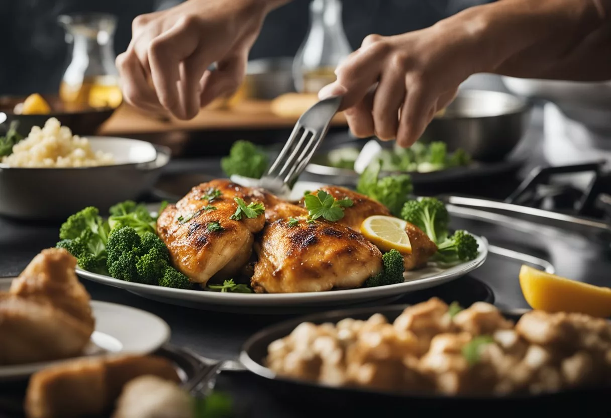 A variety of cooking methods surround a plate of chicken. Steam rises, flavors mingle, and the impact on the body is implied through visual cues