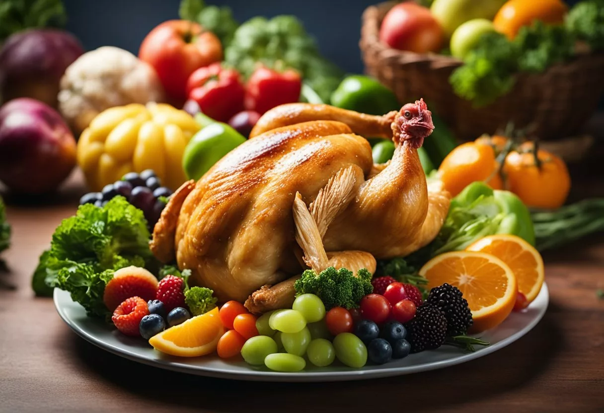 A chicken on a plate surrounded by colorful fruits and vegetables, with a radiant glow emanating from it, symbolizing the health benefits of eating chicken daily