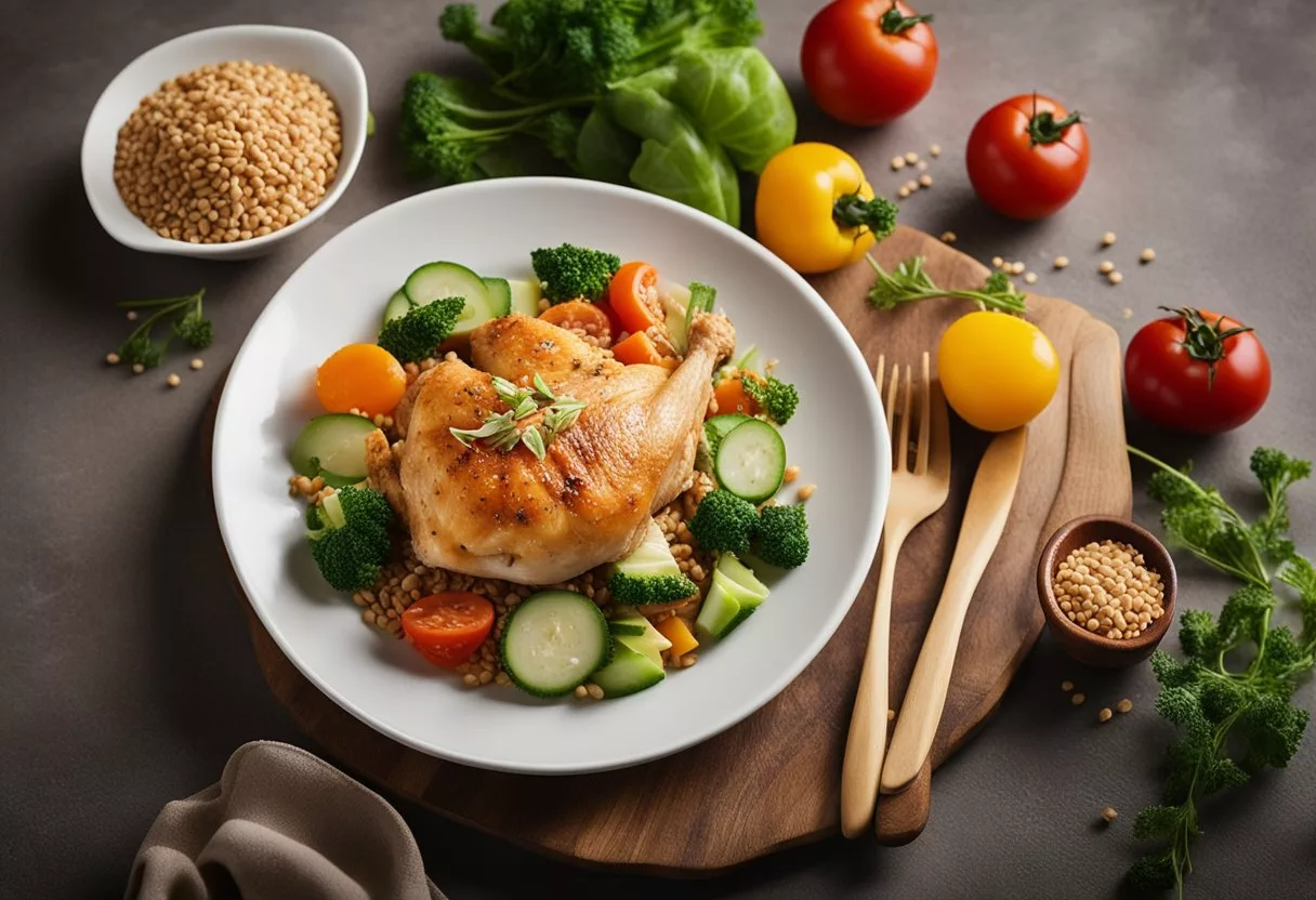 A plate with chicken, vegetables, and grains. The chicken is the focal point, surrounded by colorful and nutritious foods