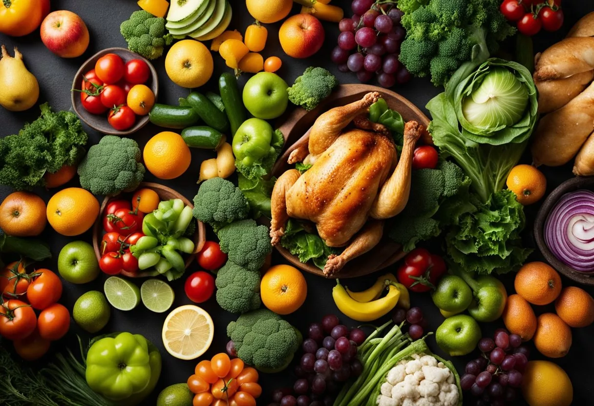 A chicken surrounded by various fruits and vegetables, with a spotlight shining on it. A glow emanates from the chicken, symbolizing the positive impact on the body from consuming it daily