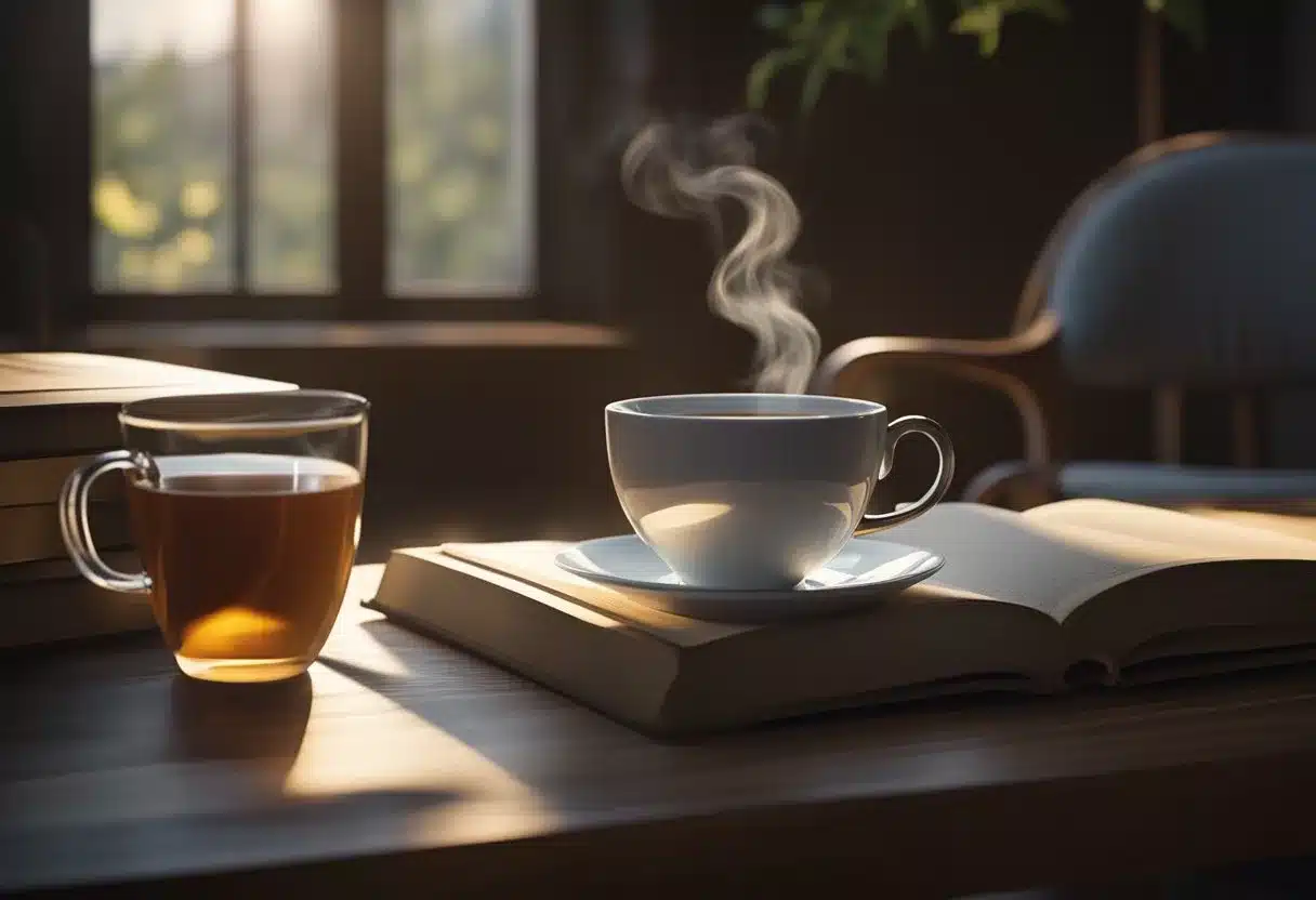 A steaming cup of black tea sits on a table, surrounded by a cozy atmosphere. A person's daily routine is implied by the presence of a teacup, a book, and a comfortable chair