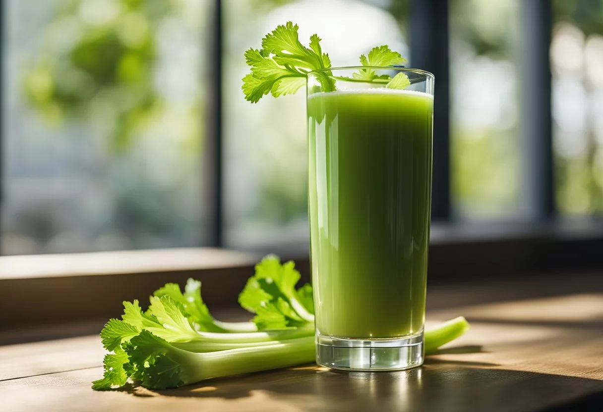 A glass of celery juice sits on a wooden table, surrounded by vibrant green celery stalks. Rays of sunlight filter through a window, casting a warm glow on the scene