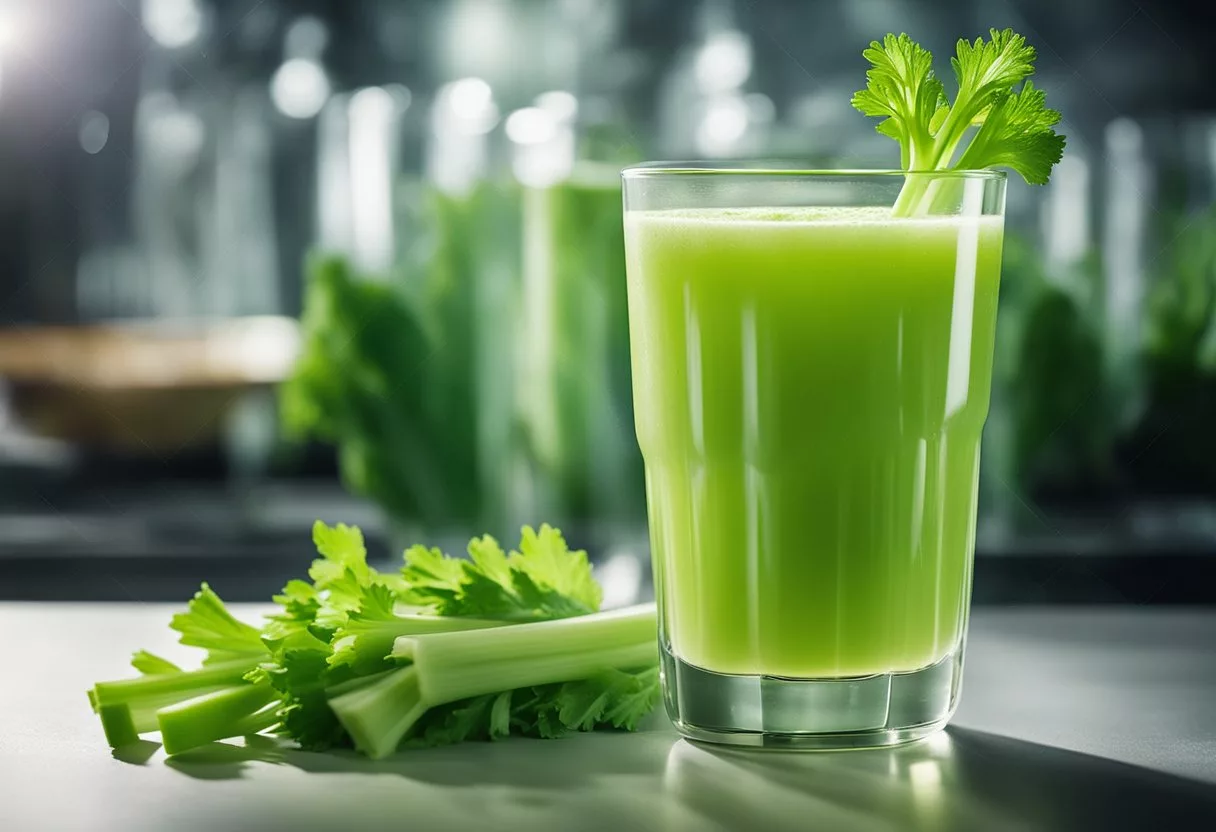 A glass of celery juice surrounded by vibrant green celery stalks with a radiant glow emanating from the glass, symbolizing the potential health benefits of daily consumption