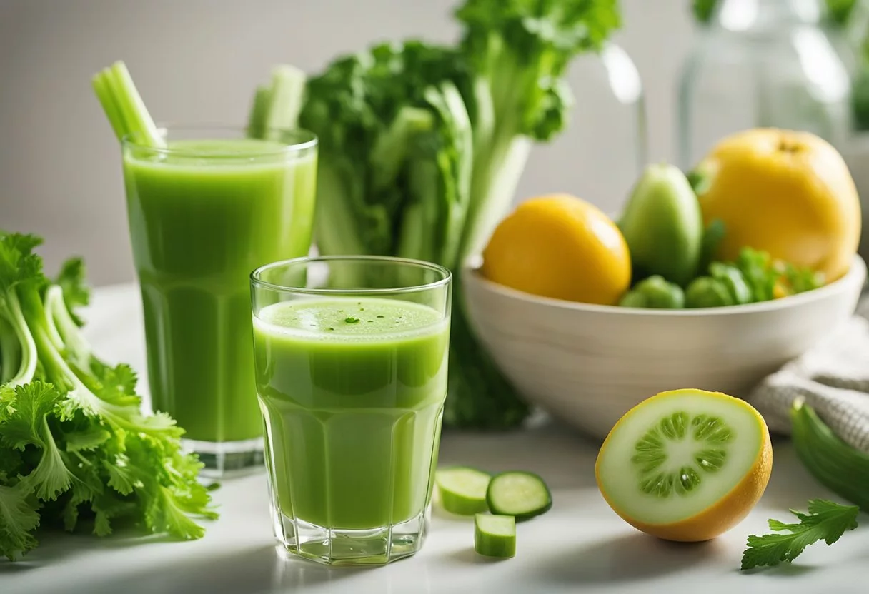 A glass of celery juice sits on a table, surrounded by various fruits and vegetables. A beam of light shines on the glass, highlighting its green color and fresh appearance