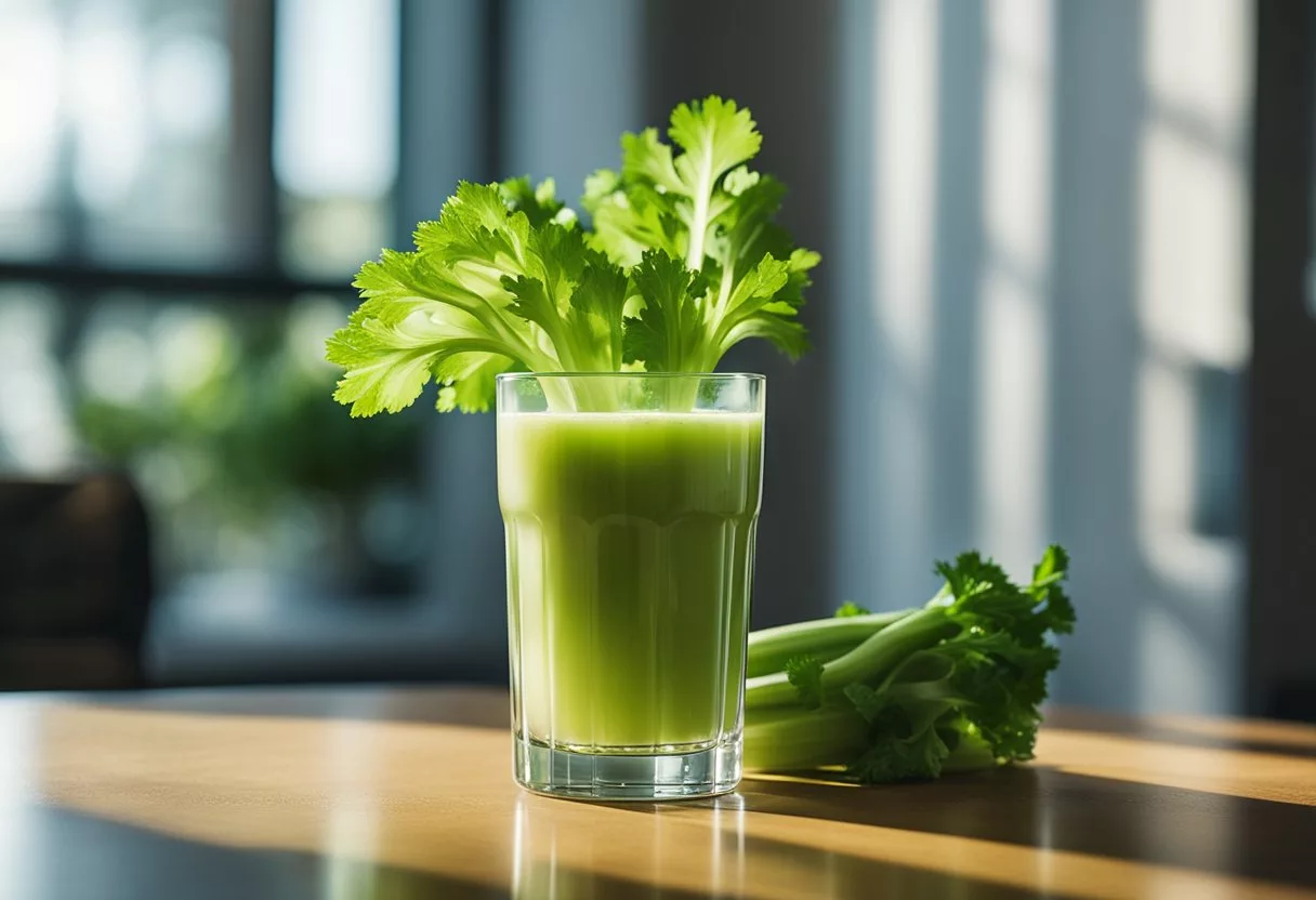 A glass of celery juice sits on a table, surrounded by vibrant green celery stalks. Rays of sunlight filter through a window, casting a warm glow on the scene