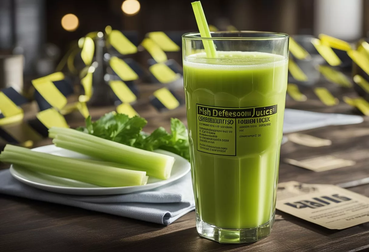 A glass of celery juice sits on a table, surrounded by warning signs and caution tape. A list of potential risks and considerations is displayed next to it