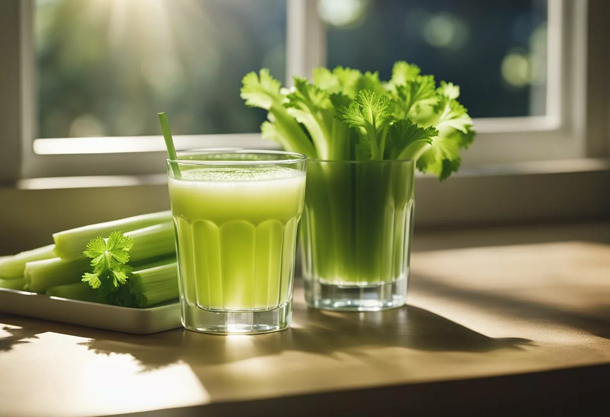 A glass of celery juice sits on a table, surrounded by fresh celery stalks. Rays of sunlight filter through a window, casting a warm glow on the scene