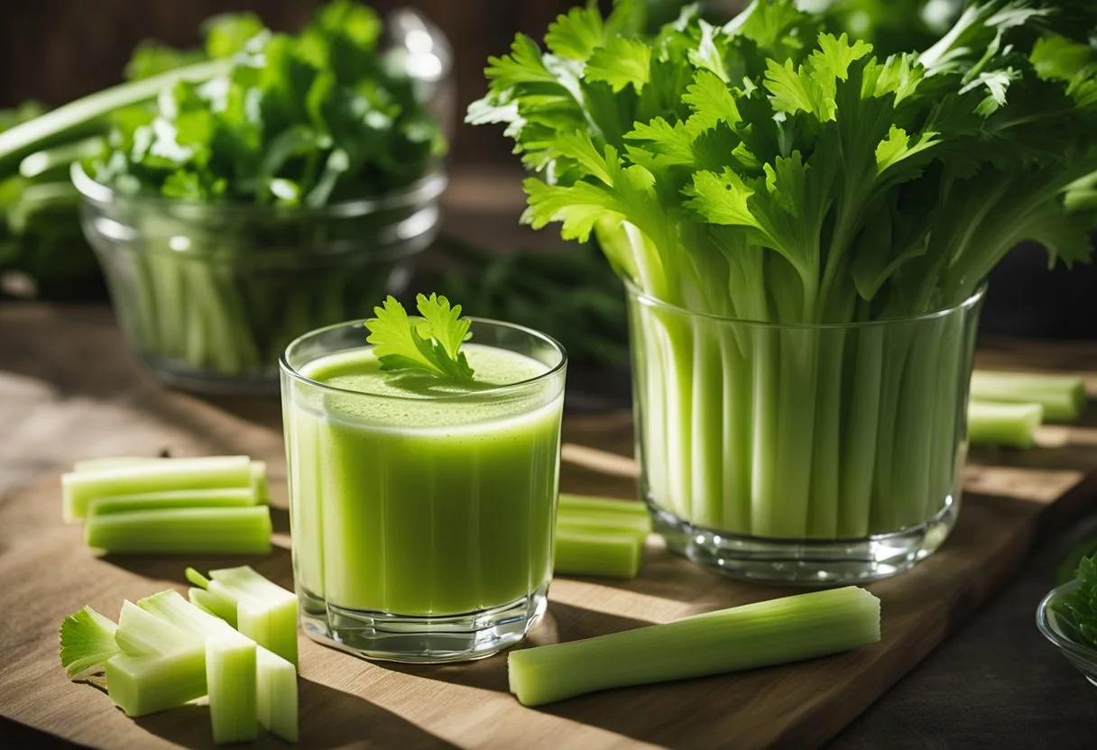 A glass of celery juice sits on a table, surrounded by fresh celery stalks. The juice glistens in the sunlight, inviting the viewer to consider its potential impact on their body