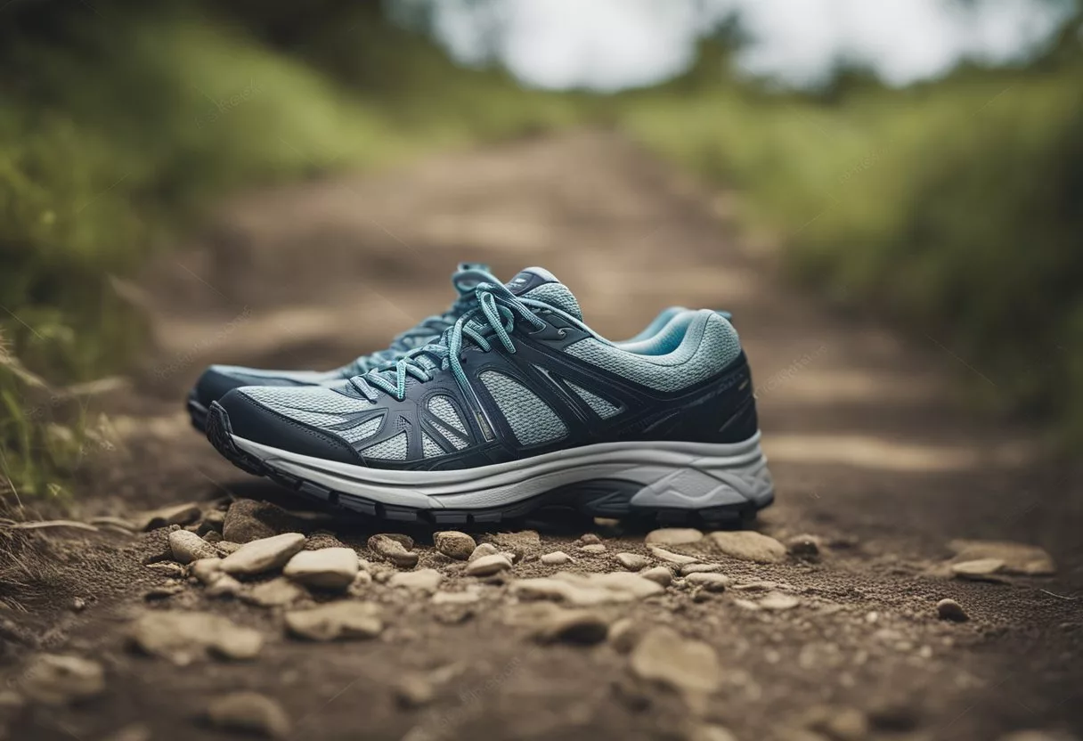 A pair of running shoes on a path, with a trail of footprints disappearing into the distance