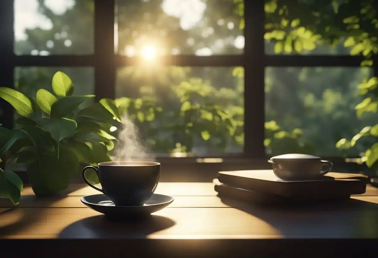 A steaming cup of black tea sits on a table, surrounded by lush greenery. Rays of sunlight filter through the leaves, casting a warm glow on the scene