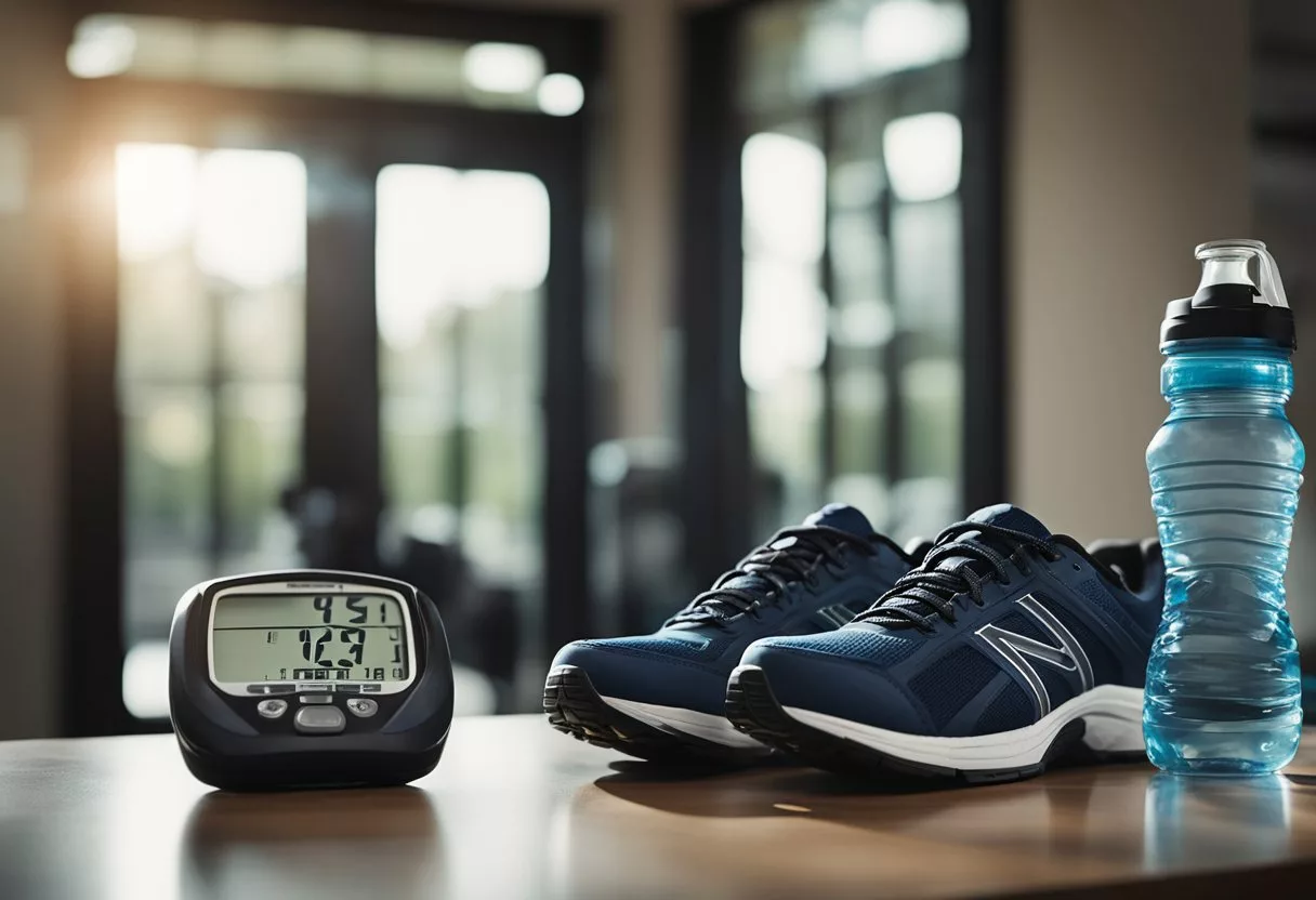 A pair of running shoes by the front door, a water bottle on a table, and a stopwatch on the counter