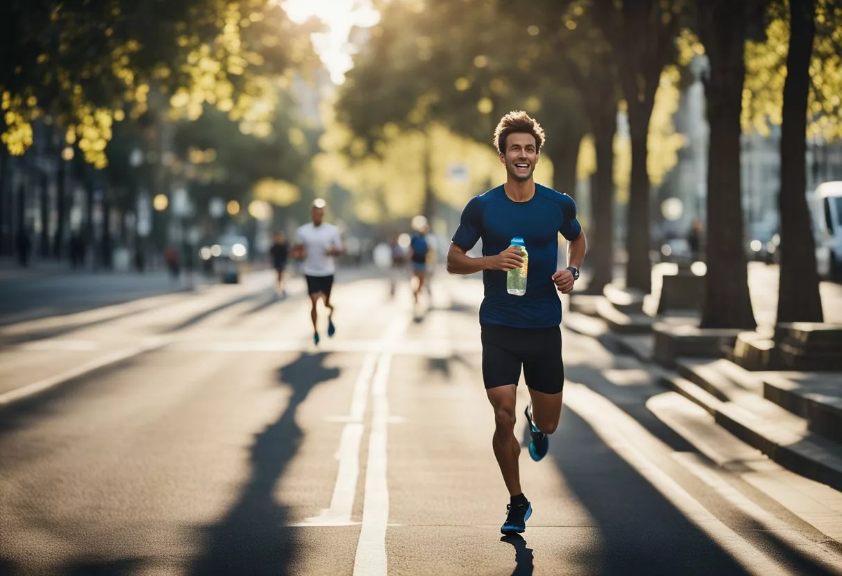 A person running a mile daily, with a water bottle nearby and healthy food options, showing improved energy and hydration