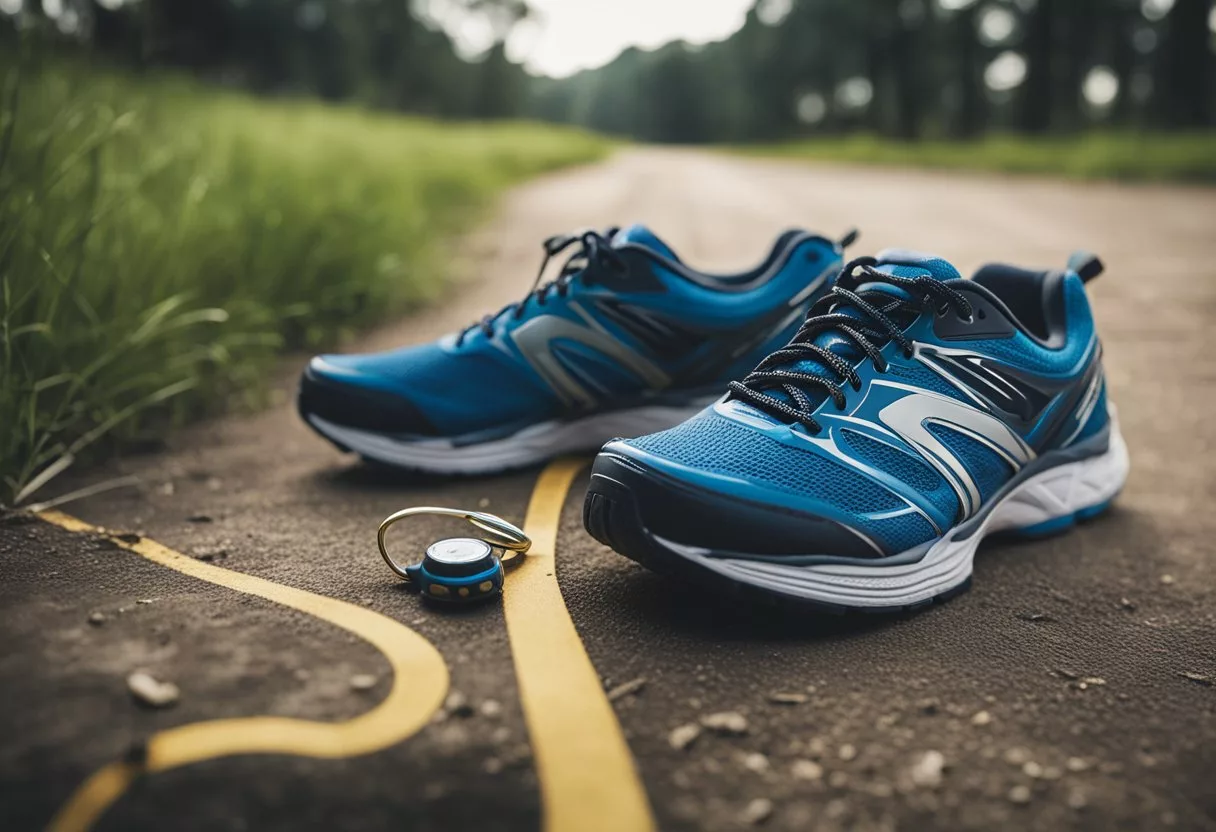 A pair of running shoes on a path, with a stopwatch and distance tracker in the background, symbolizing progress and goal-setting