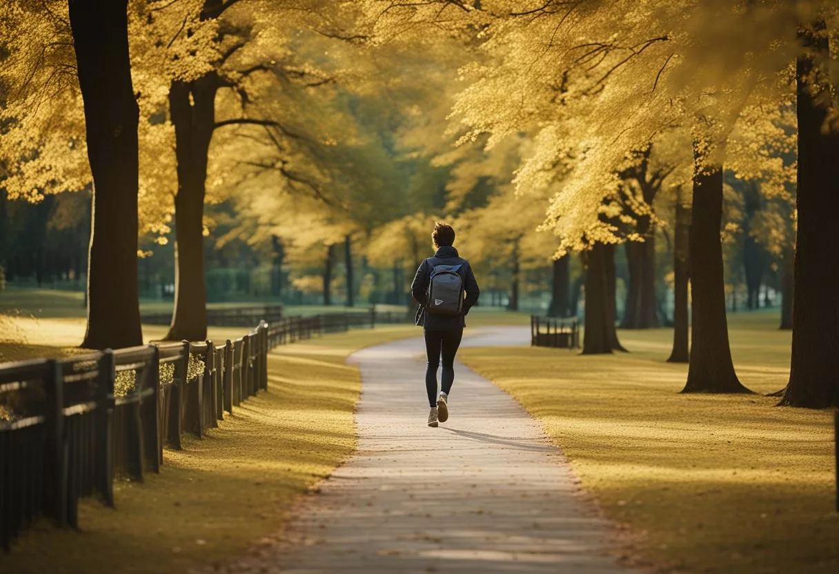 A winding path through a park, with caution signs along the way. A person running with a pained expression, clutching their chest. A medical kit nearby