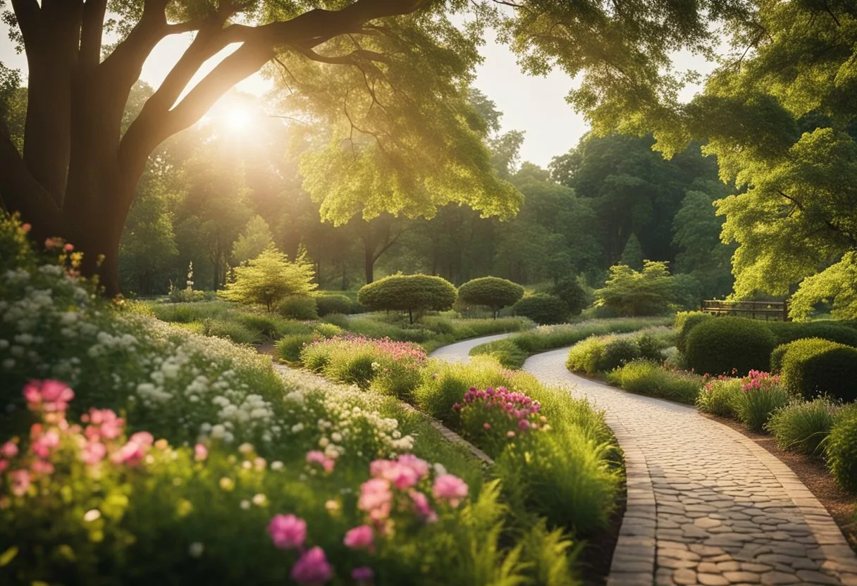 A serene park with a winding path, surrounded by lush greenery and vibrant flowers. The sun is shining, casting a warm glow on the peaceful scene