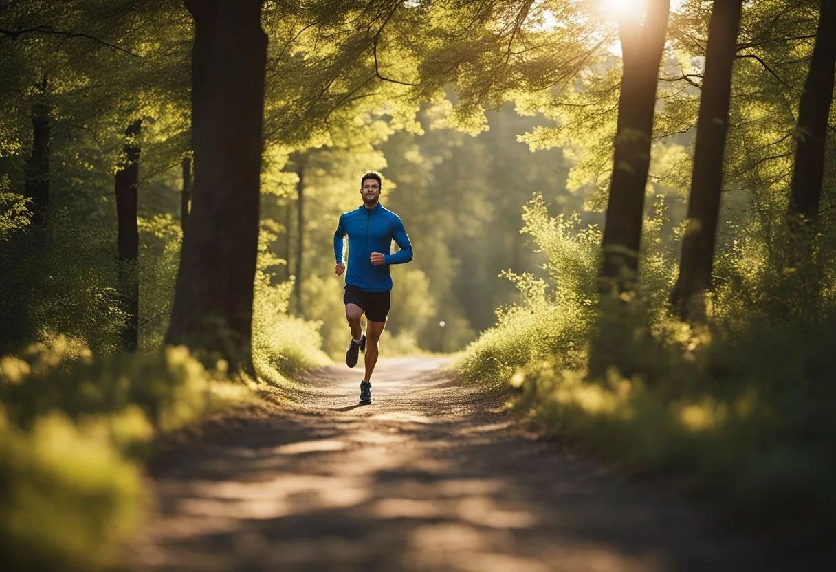 A figure running along a scenic trail, with trees and nature surrounding them. The sun is shining, and the runner is in a state of motion, showing the physical benefits of daily running