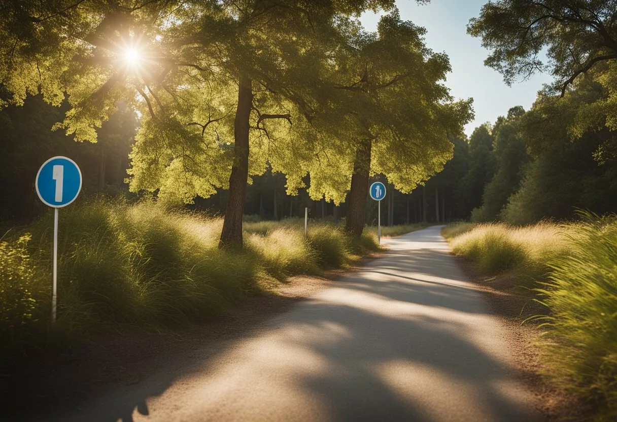 The scene depicts a running path with a mile marker, surrounded by trees and a clear sky. Illustrate a healthy, energetic atmosphere with a sense of accomplishment