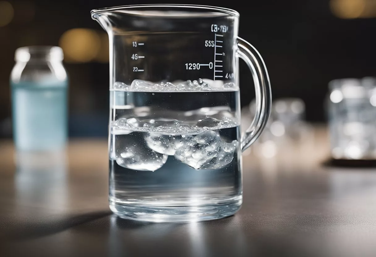 A gallon of water sits on a table with a measuring cup. The cup is filled to the brim with water, and there are empty water bottles scattered around