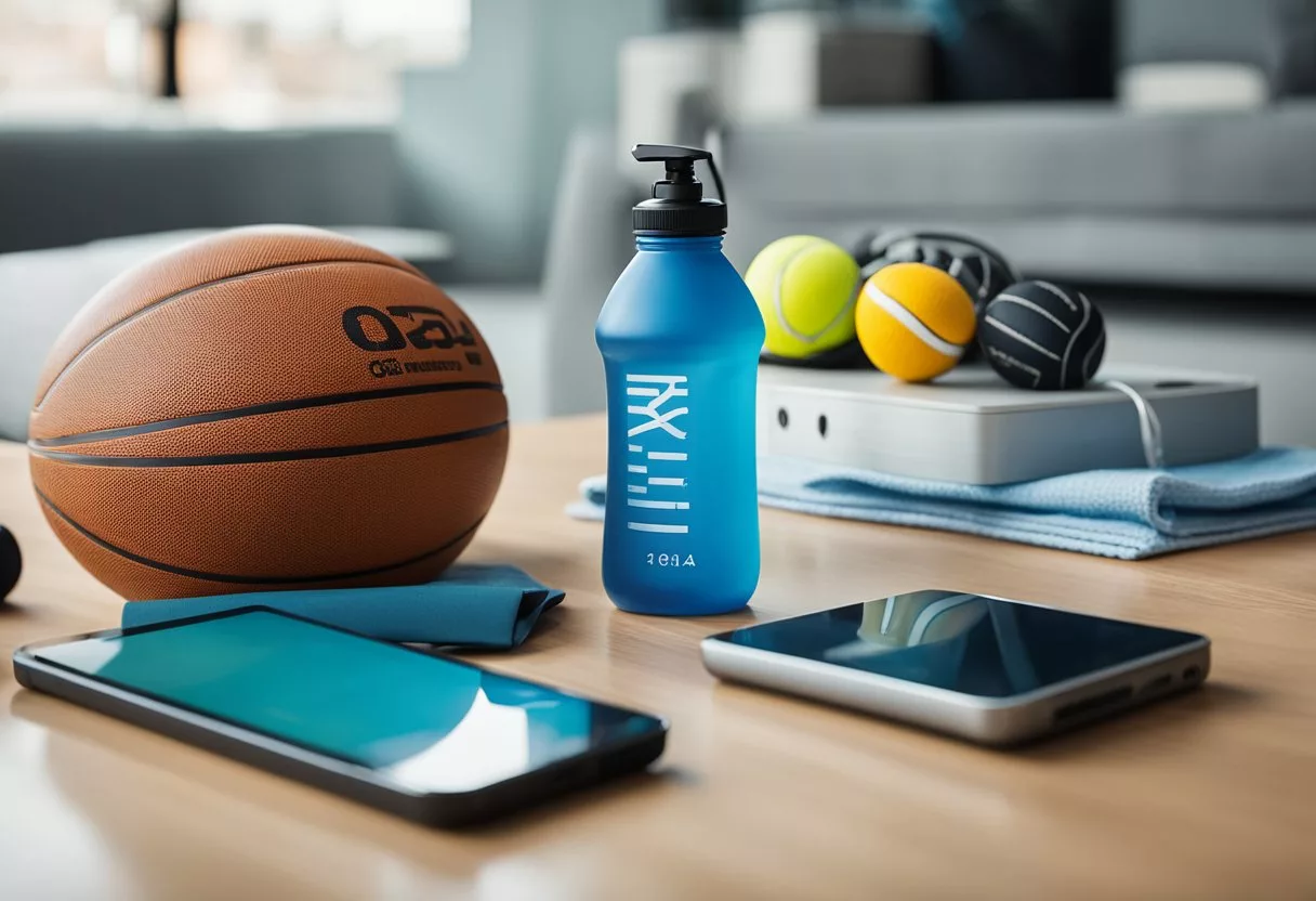 A gallon of water sits on a table, surrounded by various sports equipment and a fitness tracker. A vibrant, energetic atmosphere is depicted, with elements that suggest an active and healthy lifestyle