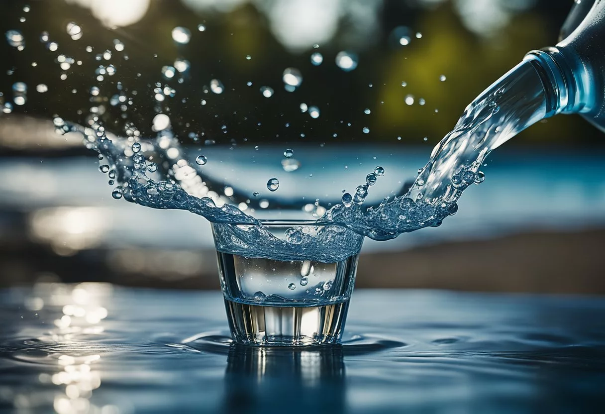 A gallon of water being poured into a glass, with droplets splashing out and creating ripples in the water