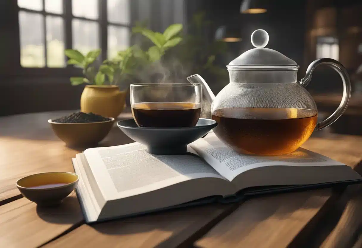 A steaming cup of black tea sits on a wooden table, surrounded by loose tea leaves, a teapot, and a book on the health benefits of black tea