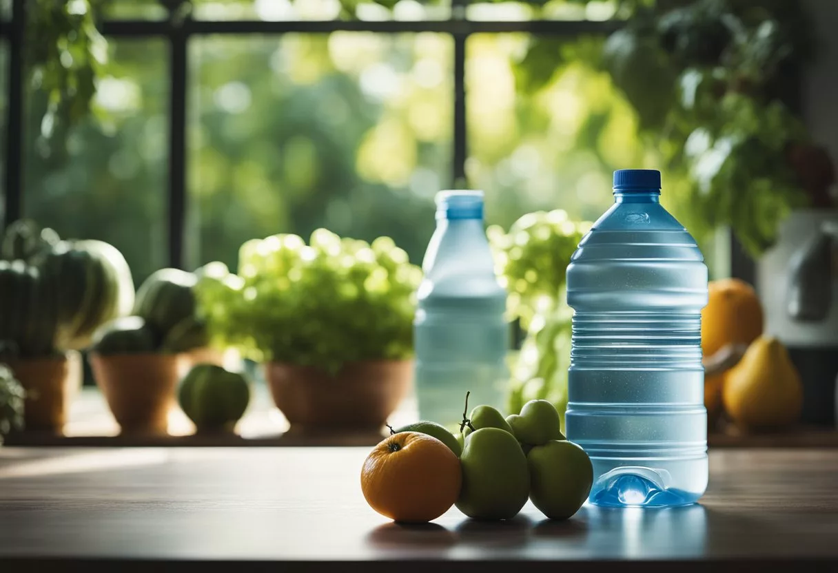 A gallon of water sits on a table, surrounded by various fruits and vegetables. A person's silhouette stands tall and energized in the background