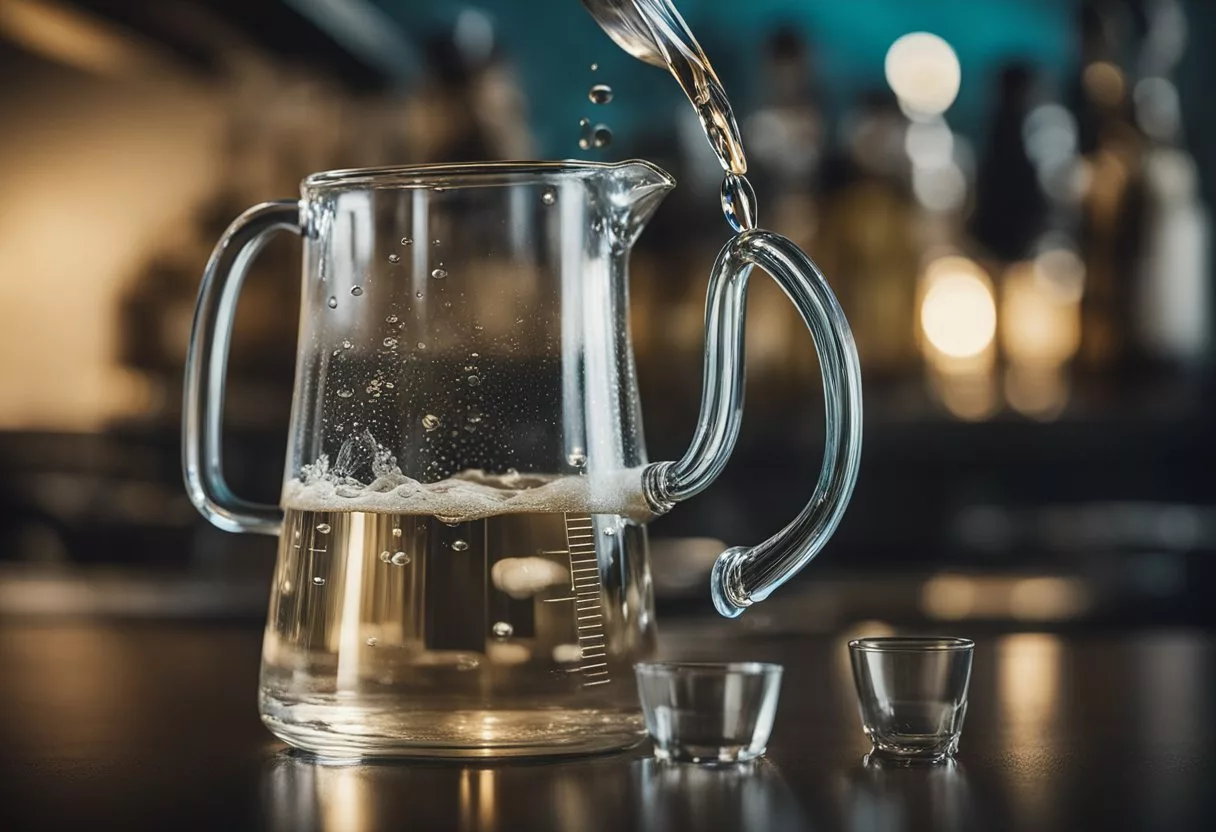 A large jug pouring water into a glass, surrounded by water droplets and a measuring cup