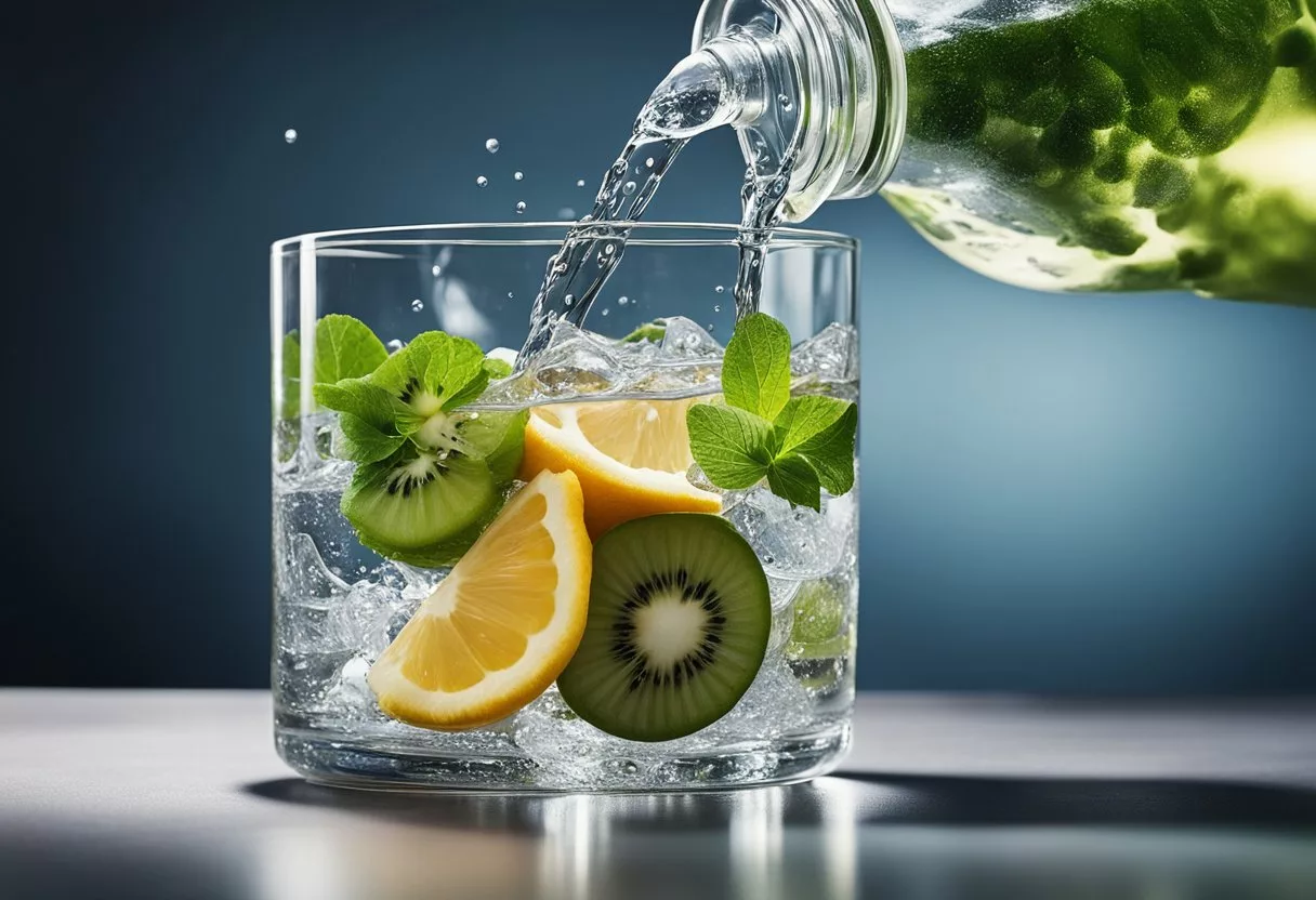 A variety of food and drink items, such as fruits, vegetables, and beverages like water, are displayed. A gallon of water is being poured into a glass to emphasize the concept of drinking a large amount daily