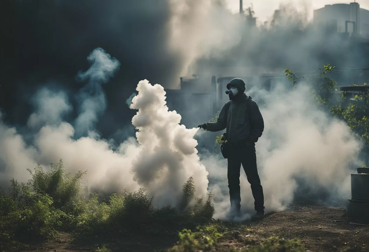 The scene depicts a cloud of smoke enveloping a figure, surrounded by wilted plants and a deteriorating environment