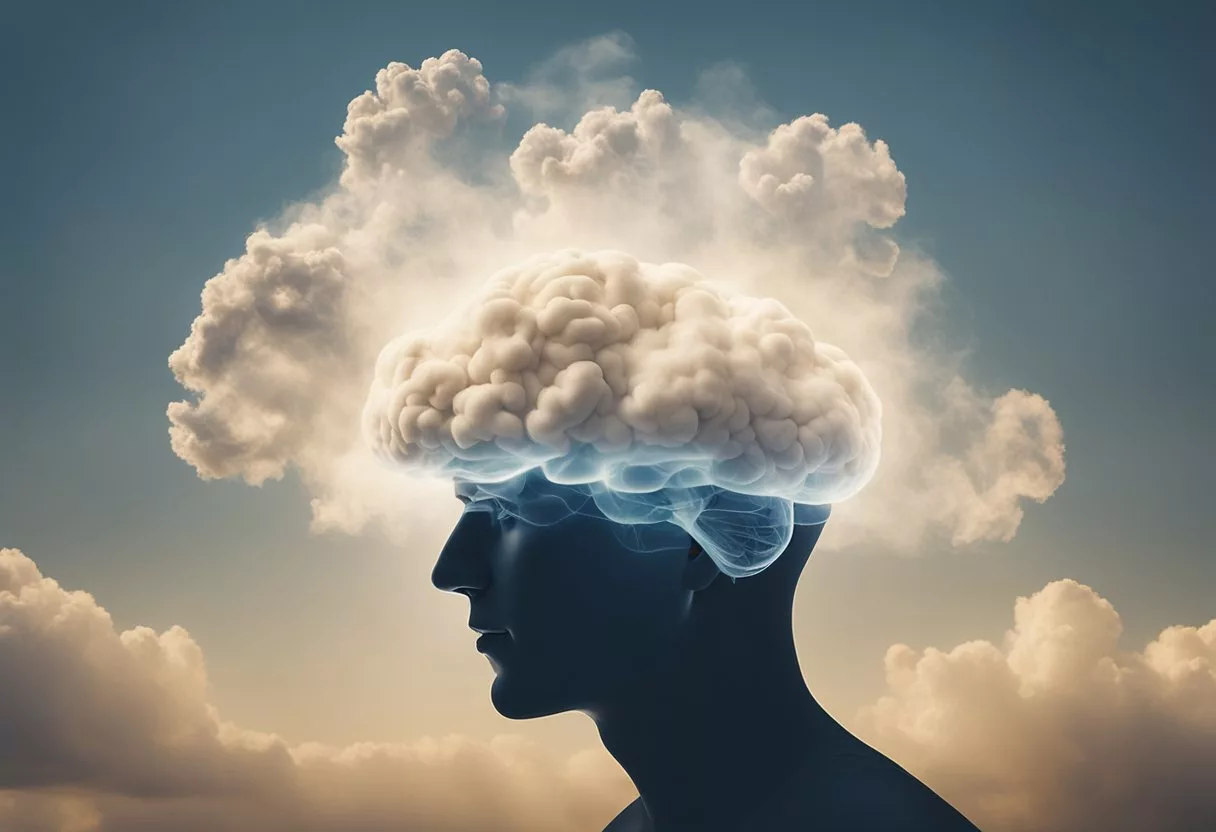 A cloud of smoke surrounds a brain, causing it to appear hazy and confused. The brain's pathways are disrupted, leading to altered perceptions and impaired cognitive function