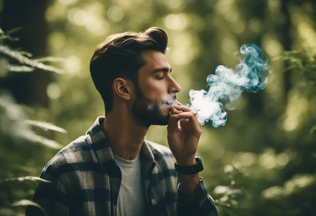 A person smoking weed daily, surrounded by calming elements like nature, peaceful surroundings, and a sense of relief and relaxation