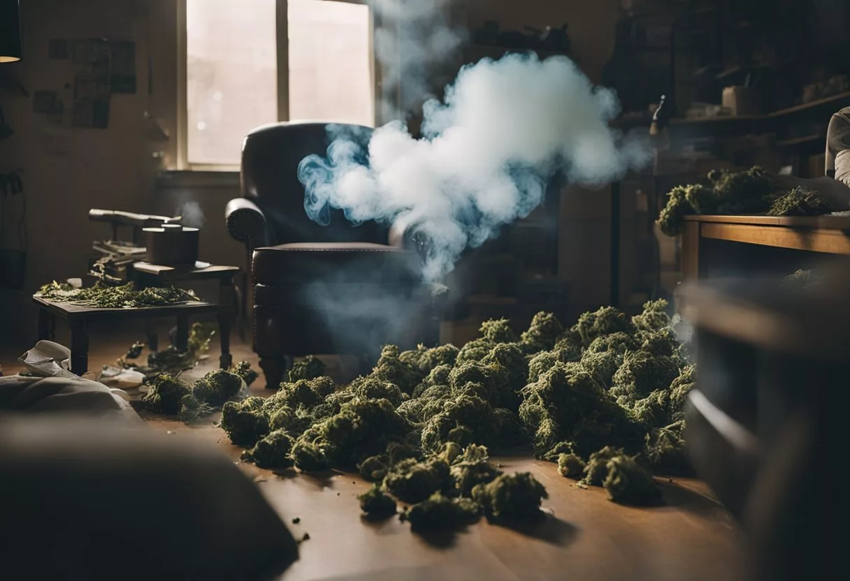 A cloud of smoke hovers over a cluttered room, with discarded marijuana paraphernalia and a person slumped in a chair, appearing lethargic and detached