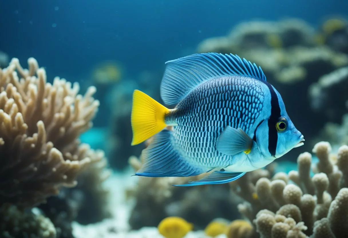 A fish swimming in a clear, blue ocean with various other marine life surrounding it. The fish is shown with a halo of nutritional information such as omega-3 fatty acids, protein, and vitamins