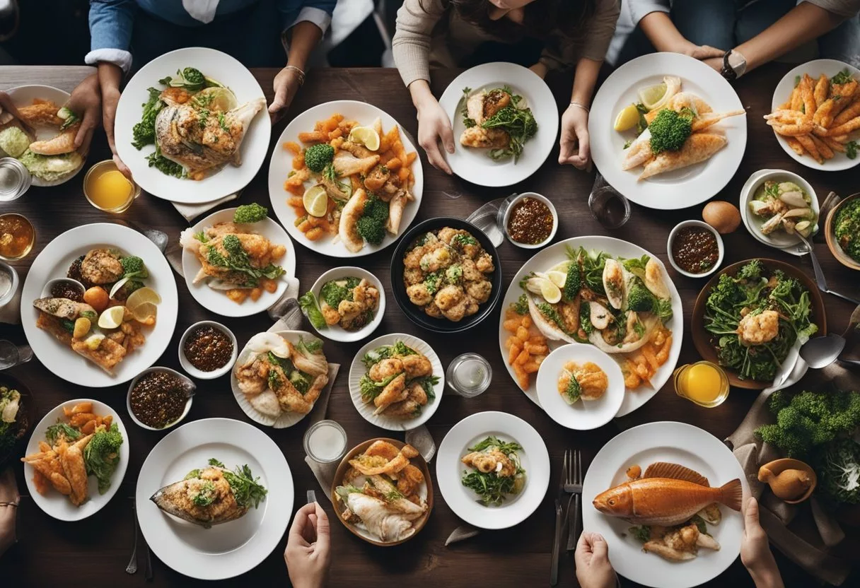 A table with a variety of fish dishes, surrounded by a diverse group of healthy individuals engaged in various activities