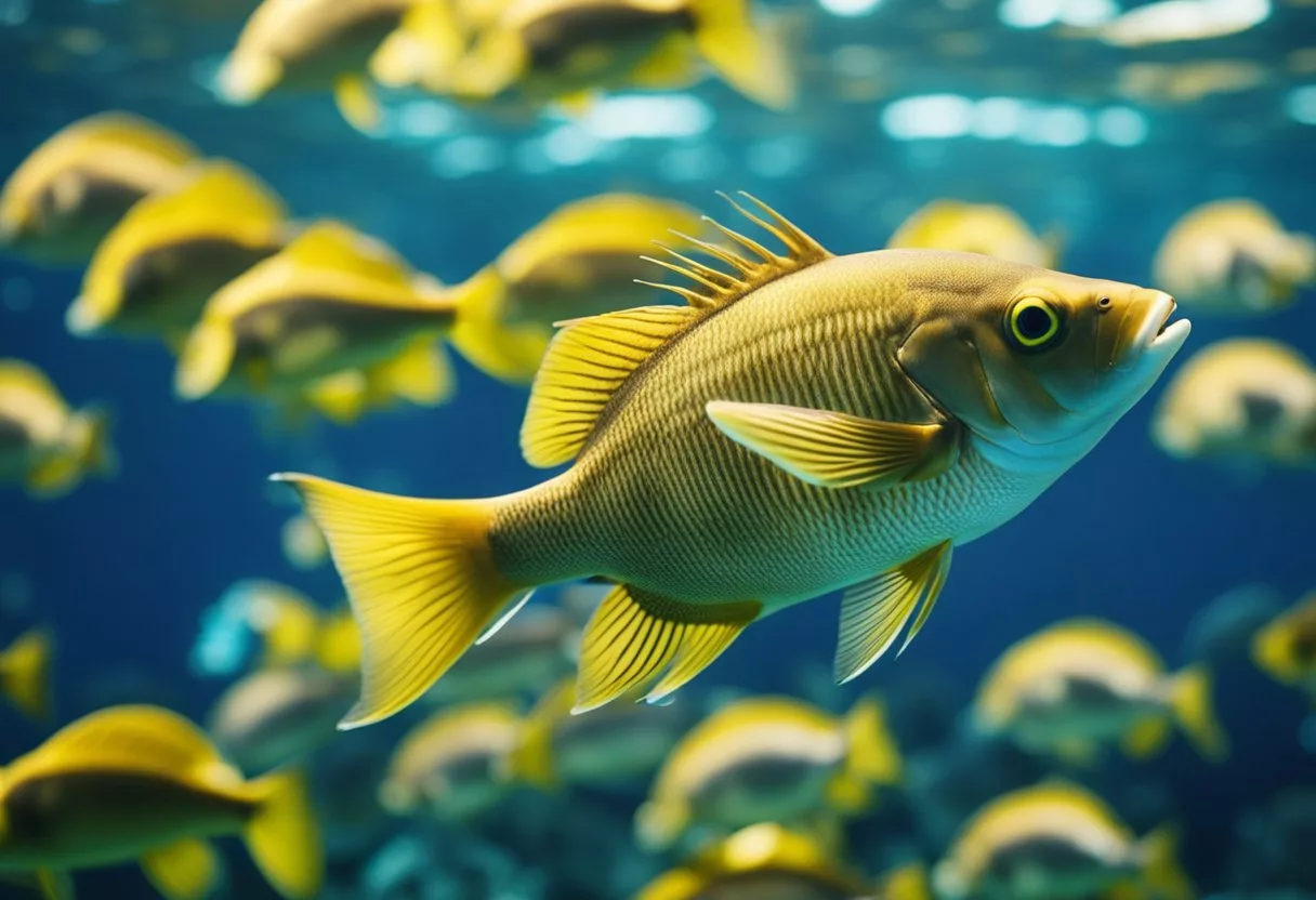 A fish swimming in a clear blue ocean, surrounded by various types of fish and marine life