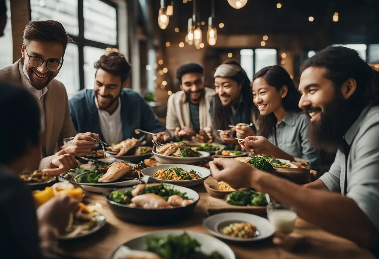 A person eating fish daily, surrounded by diverse individuals with varying dietary needs