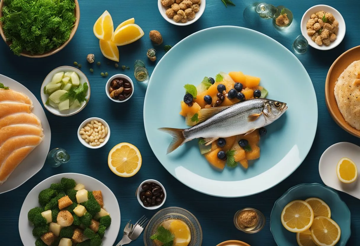 A fish swimming towards a plate, surrounded by various food items