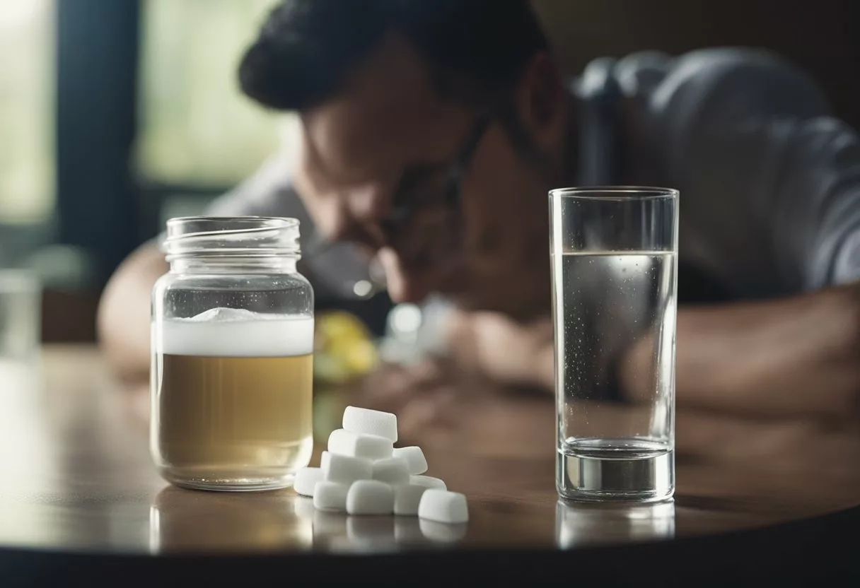 The scene shows a person vomiting daily, with a distressed expression. A bottle of antacids and a glass of water are nearby