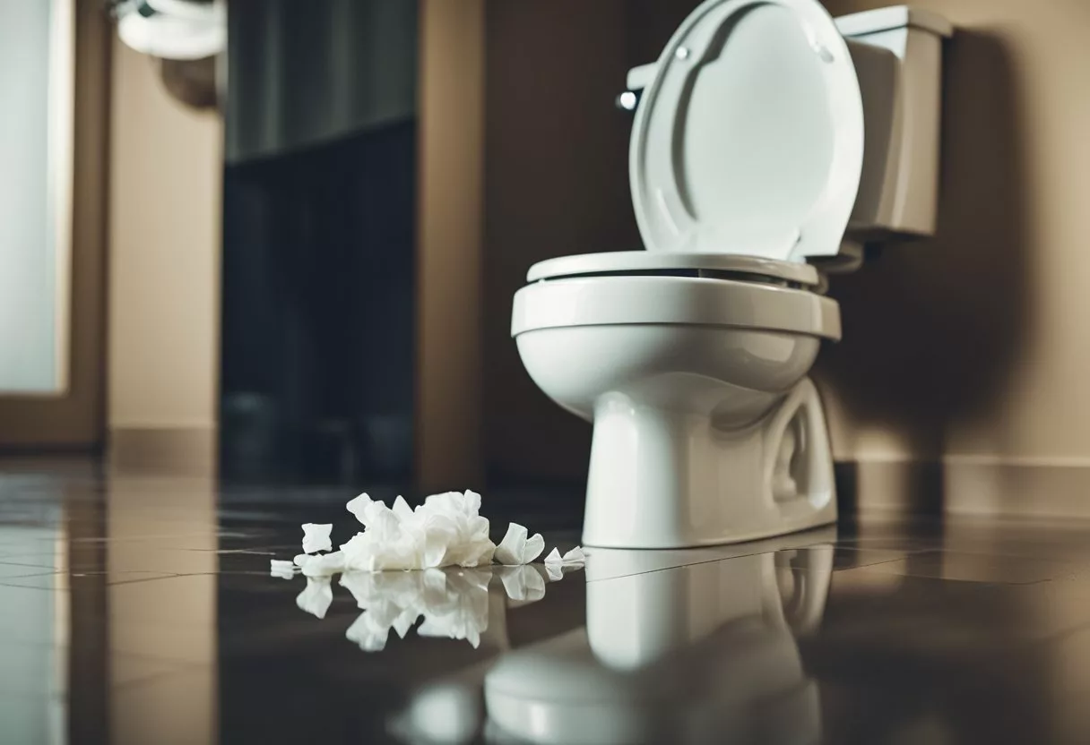 A toilet bowl with vomit, tissues, and a glass of water on the floor. A person's reflection in the mirror, looking sick and exhausted