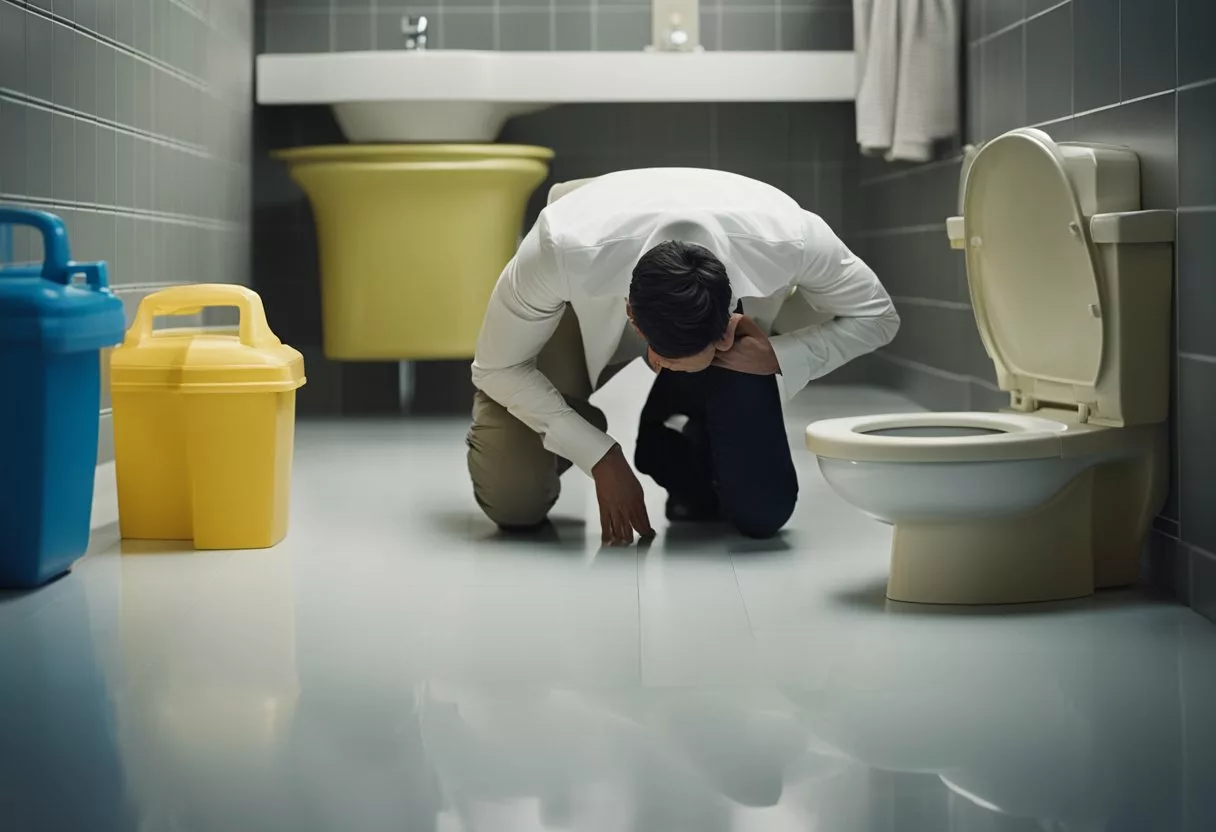 A figure hunched over a toilet, surrounded by empty containers and a sense of exhaustion