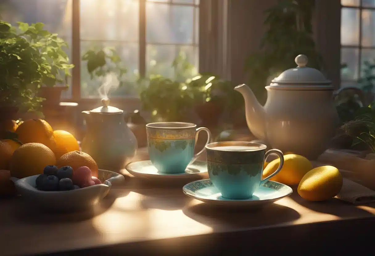 A steaming cup of tea sits on a table, surrounded by vibrant fruits and herbs. Rays of sunlight filter through a window, casting a warm glow on the scene