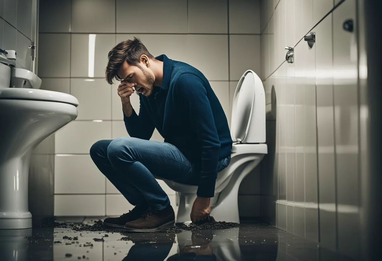 A person hunched over a toilet, a grimace on their face, with a puddle of vomit on the floor