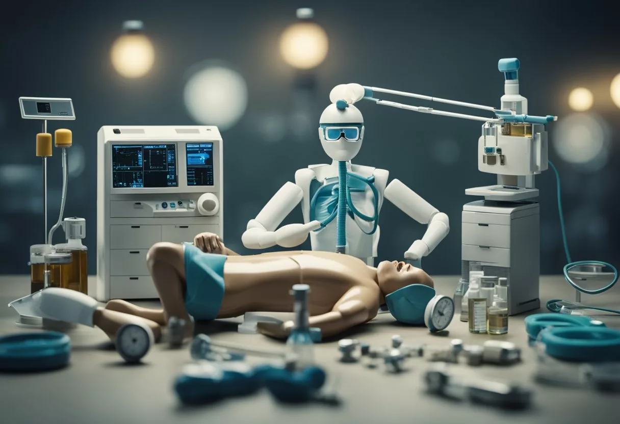 The scene depicts a distressed figure surrounded by medical equipment, with a focus on the stomach area and signs of physical discomfort