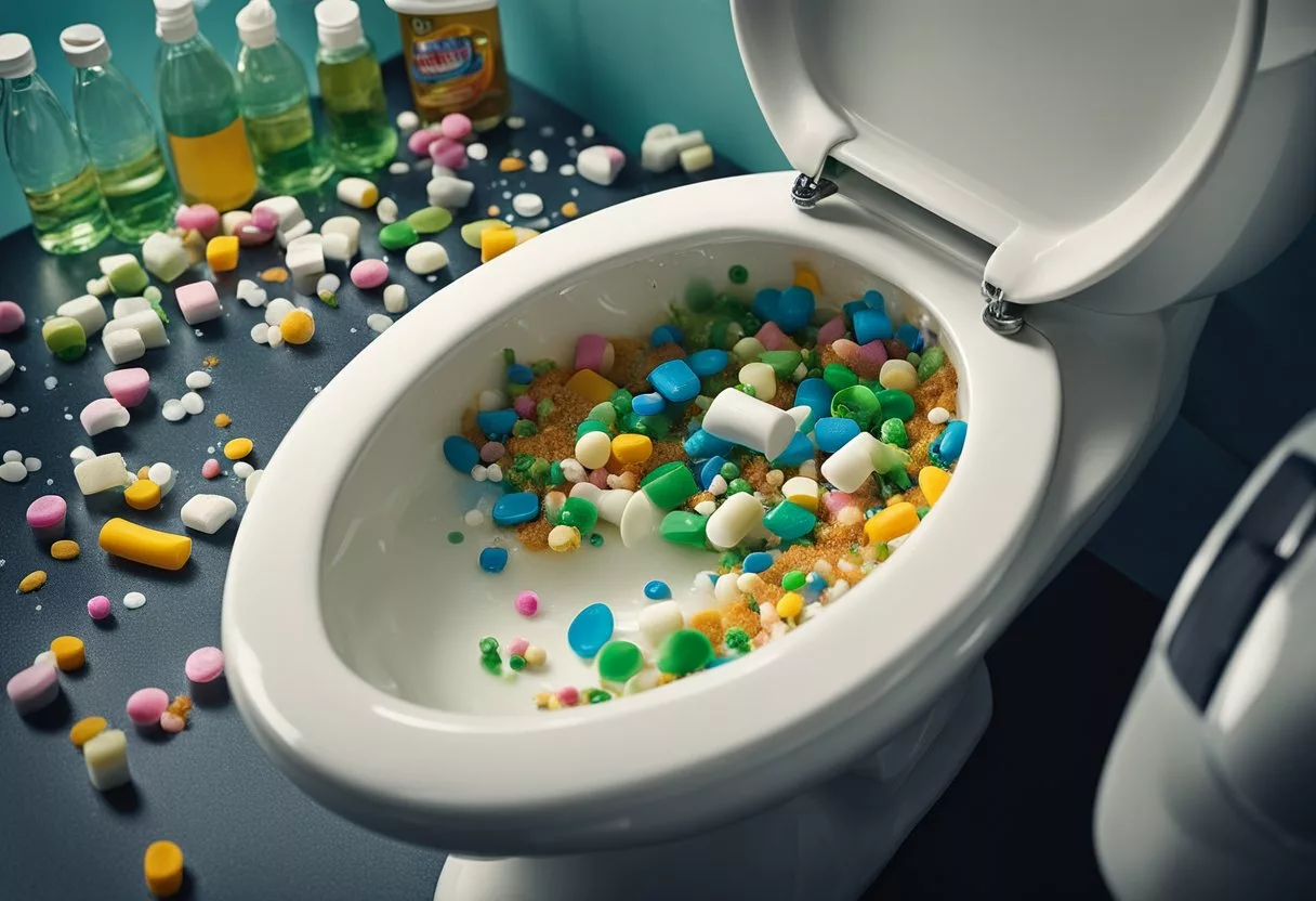 The scene depicts a toilet bowl with a splatter of vomit, surrounded by a discarded toothbrush and a bottle of antacids