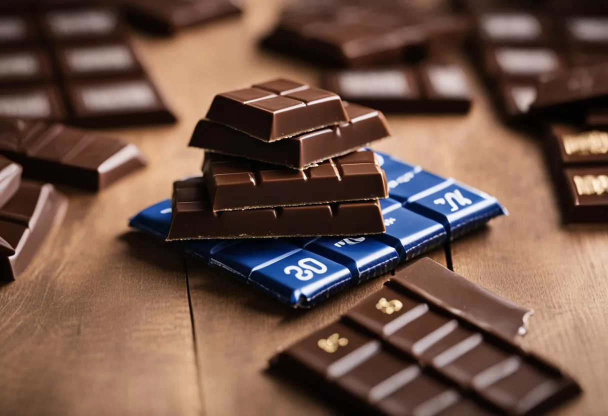 A pile of chocolate bars sits on a table, with a calendar showing each day being crossed off. The bars are gradually disappearing, leaving only empty wrappers behind