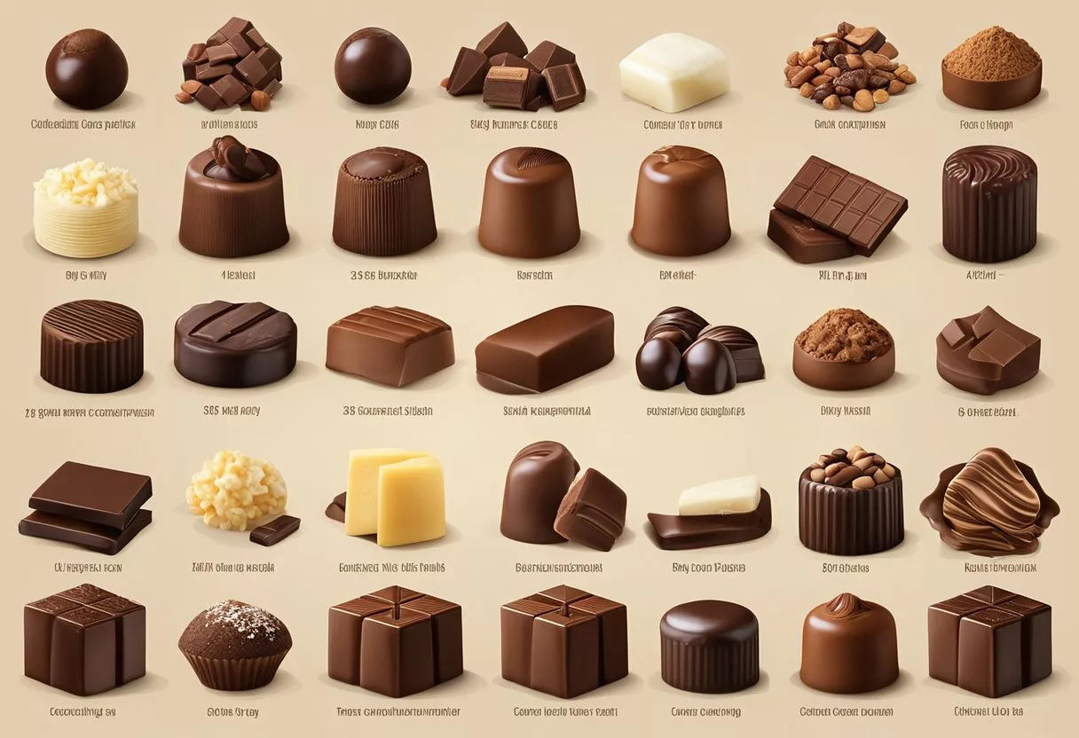 A variety of chocolate types are displayed with a diagram showing bodily changes from daily consumption