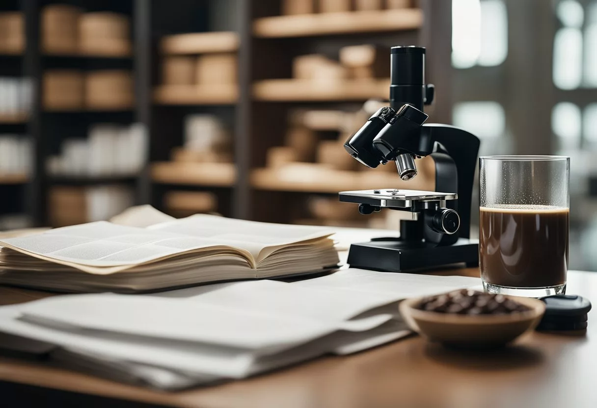 A table covered in research papers, a microscope, and a bowl of chocolate